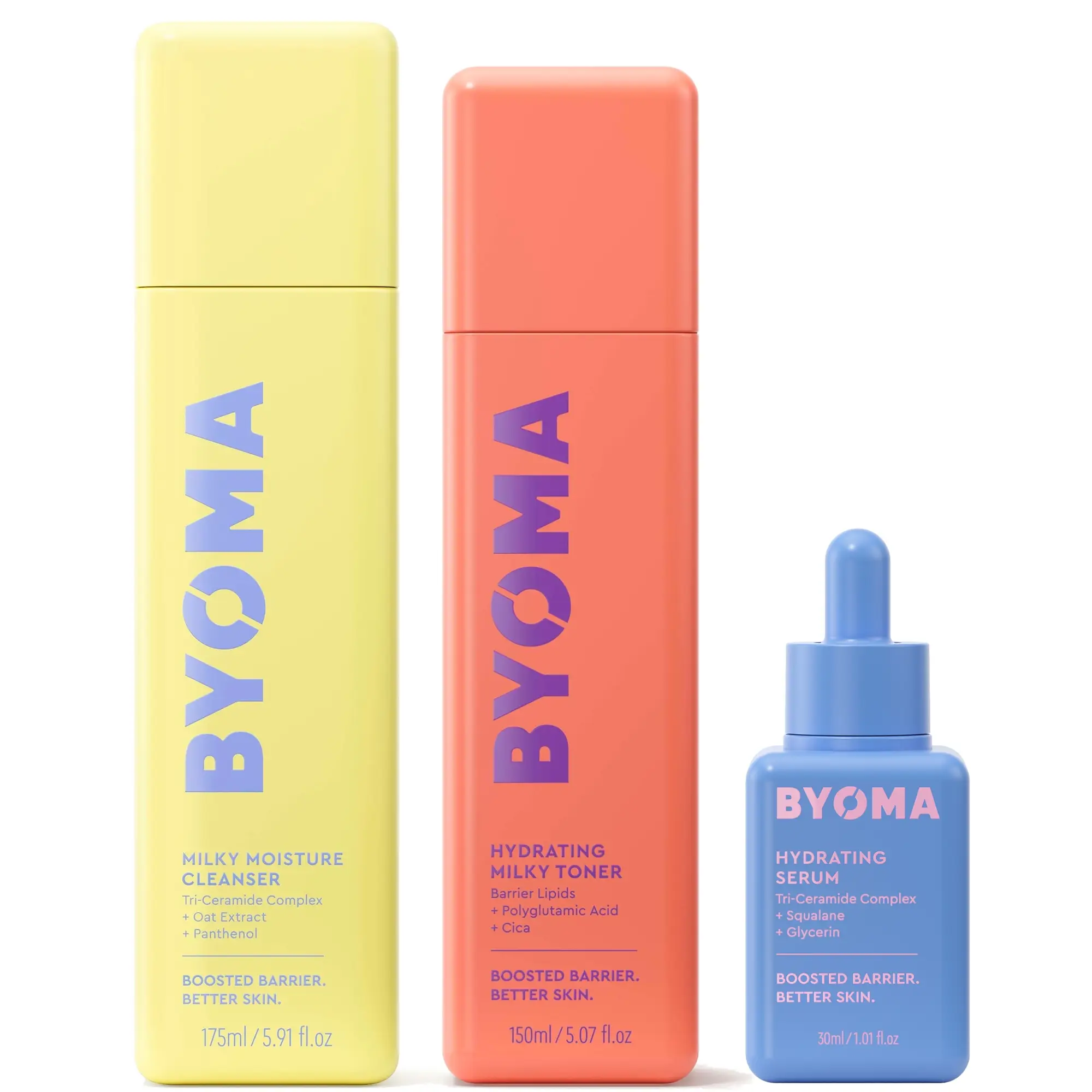 BYOMA Milky Moisture Cleanser 175ml, Hydrating Milky Toner 150ml and Hydrating Serum 30ml Bundle